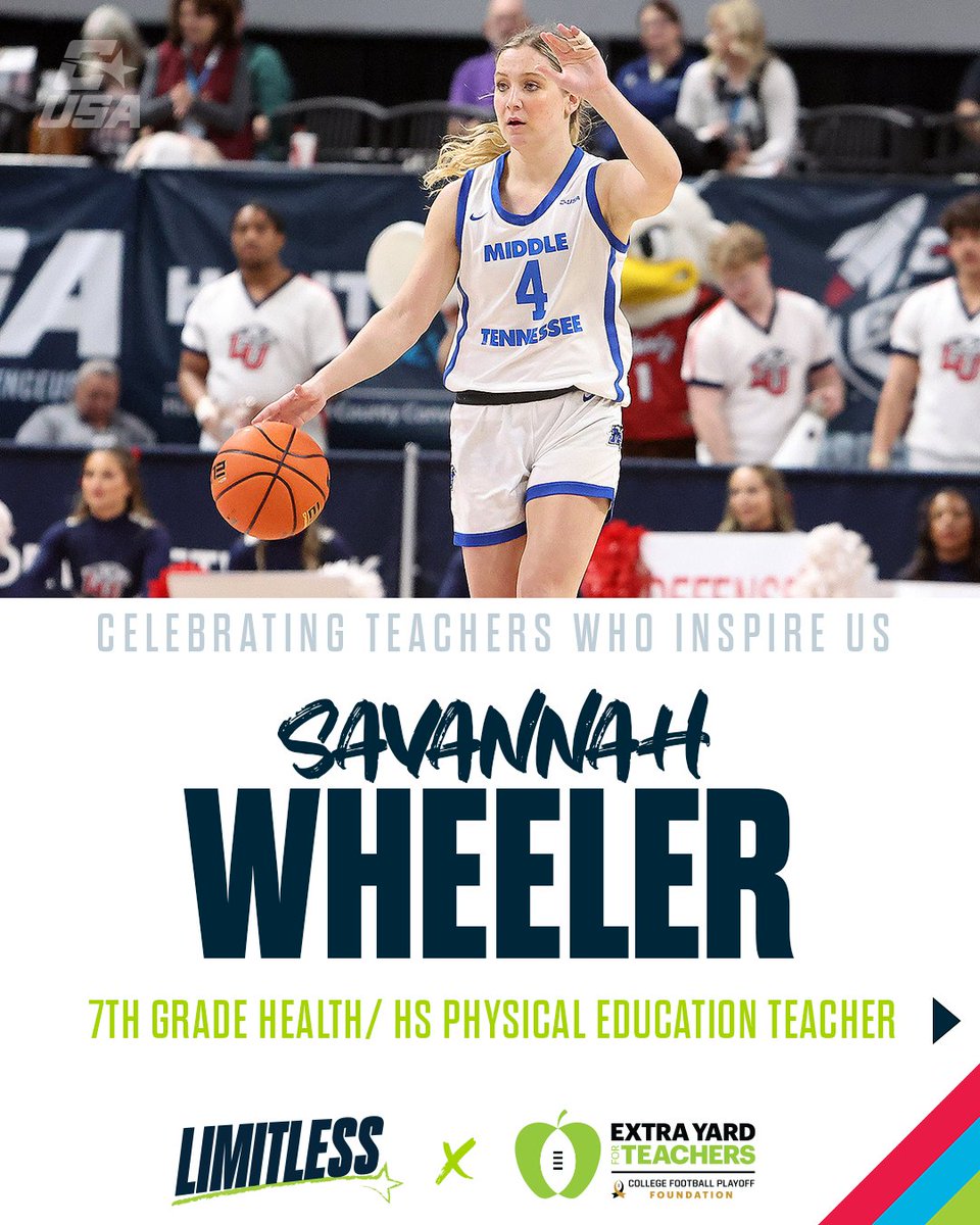 ConferenceUSA's tweet photo. 📚👏 Celebrating @CFPExtraYard #ExtraYardWeek with🏀Savannah Wheeler — @MTSU All-American & CUSA Champion now inspiring students as a Health & PE teacher.
#NoLimitsOnUs | https://t.co/46g4v1FiWN https://t.co/fvPiEzphPv
