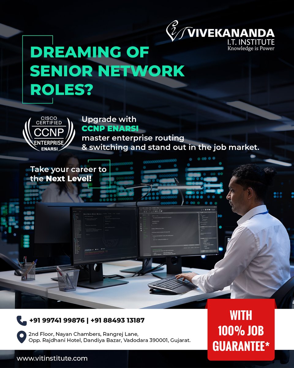 vitinstitute's tweet image. Want to move beyond basics? 🚀
 CCNP ENARSI gives you advanced routing, switching &amp;amp; troubleshooting skills with placement-driven training—preparing you for top IT roles.

#CCNP #NetworkingProfessionals #NetworkingBaroda #CiscoTraining #JobGuarantee #ITCareer #CareerUpgrade