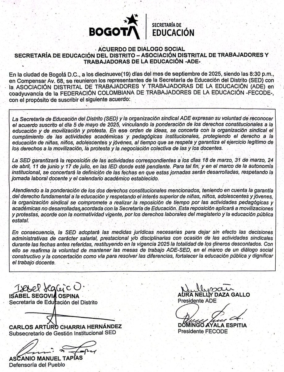 arturocharria's tweet photo. Durante tres días @Educacionbogota y @adebogota / @fecode trabajamos para construir un acuerdo en el que pusimos a los estudiantes en el centro. Comparto algunas reflexiones sobre el acuerdo y sobre el proceso de diálogo social. 👇🏽 https://t.co/wepXAdTz1D