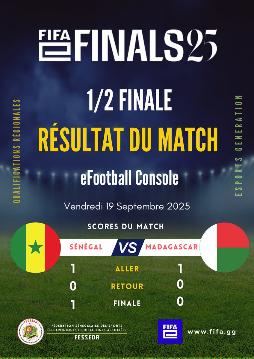 ✨🇸🇳 1/2 FINALE  GAGNÉE ! LE SÉNÉGAL EN FINALE ! 🚀

🦁 Victoire du Sénégal sur Madagascar en demi-finale, l'équipe eFootball C. du Sénégal vers la PETITE FINALE des qualifications régionales africaines !

* #SénégalVsMaroc #FIFAeWorldCup2025