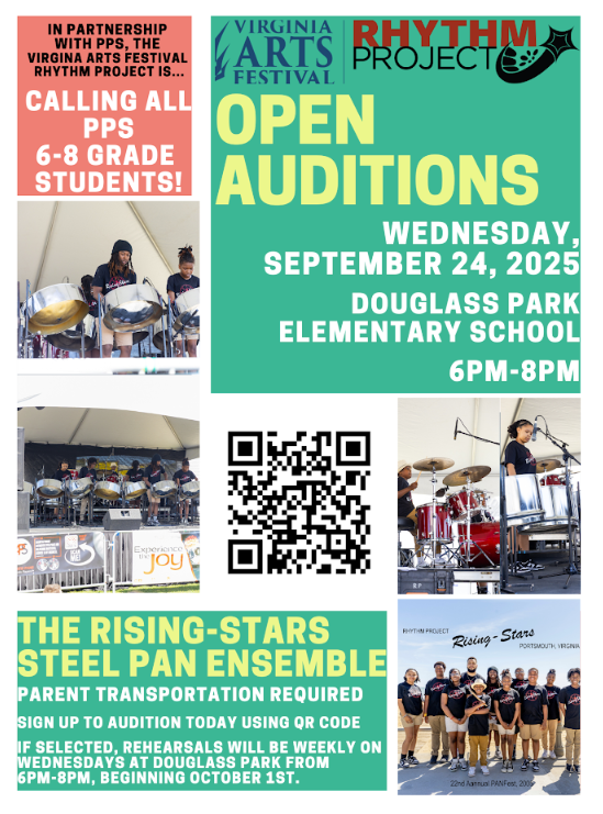 🎶🥁 CALLING ALL PPS 6th–8th GRADERS! 🎶🥁
Does your child love music, rhythm, and trying something NEW and EXCITING?
Here’s their chance to shine! ✨
The Virginia Arts Festival Rhythm Project is holding OPEN AUDITIONS for the Rising-Stars Steel Pan Ensemble
📲 Register now!