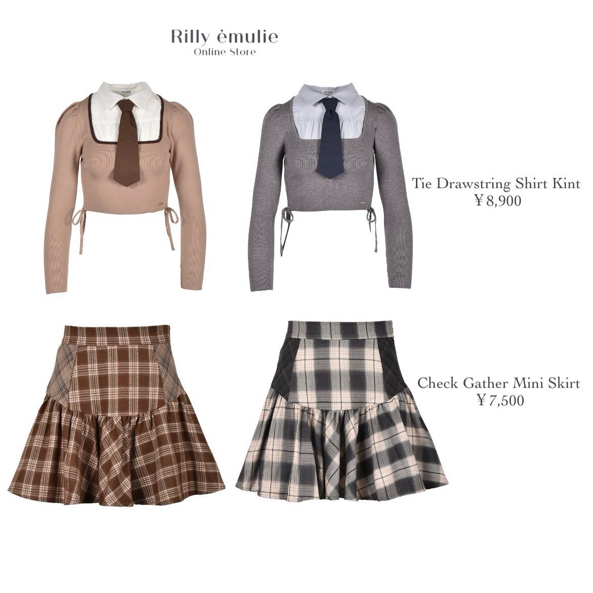 Rilly emulie♡

-𝑁𝑒𝑤 𝐴𝑟𝑟𝑖𝑣𝑎𝑙-

◻︎Tie Drawstring Shirt Kint
color：Off-White /Brown /Gray
price：￥8,900

◻︎ Check Gather Mini Skirt 
color：OWCK /BRCK
price：￥7,500

韓国スタイルの新作item.ᐟ.ᐟ
ニットとスカート入荷いたしました🍂.𖥔 ݁