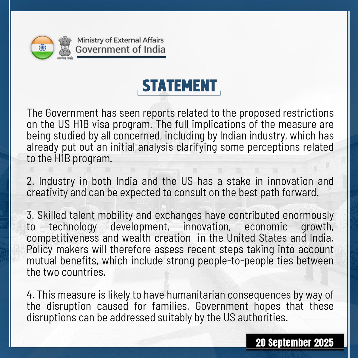 T_Investor_'s tweet image. 🚨The Government of India has issued a statement pertaining to #H1B visa curbs.#h1bvisa  #h1bnews