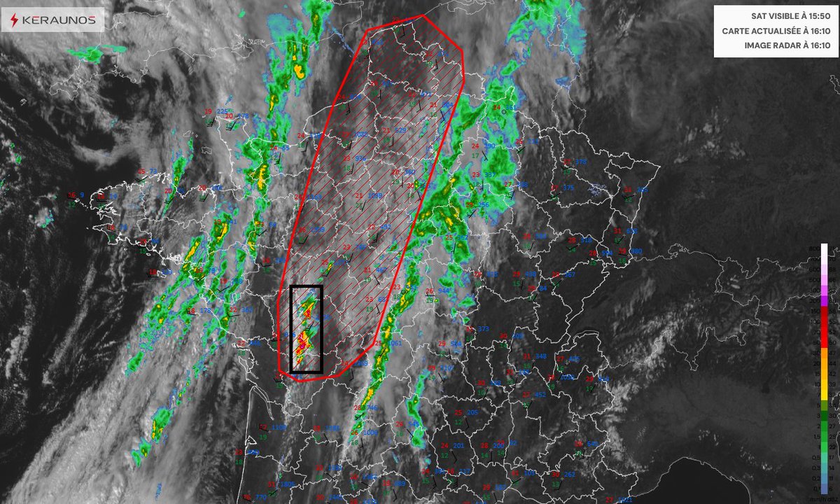 🌩️Les premiers orages se développent comme attendu sur le centre-ouest. Ces prochaines heures, le risque gagnera du terrain et des orages localement forts pourront se déclencher du Centre au Nord.
➡️suivi temps réel : keraunos.org/temps-reel/car…