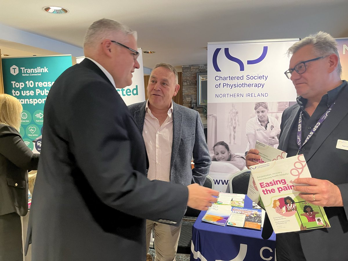 TomSullivant's tweet photo. Great to have @duponline Leader Gavin Robinson MP and Michelle McIlveen MLA stop by the CSP stand to hear about the vital role that physio plays in keeping people active independent and well. #DUPConference @DavyNichol @thecsp @CSPNI1 https://t.co/wnz2OSLeda