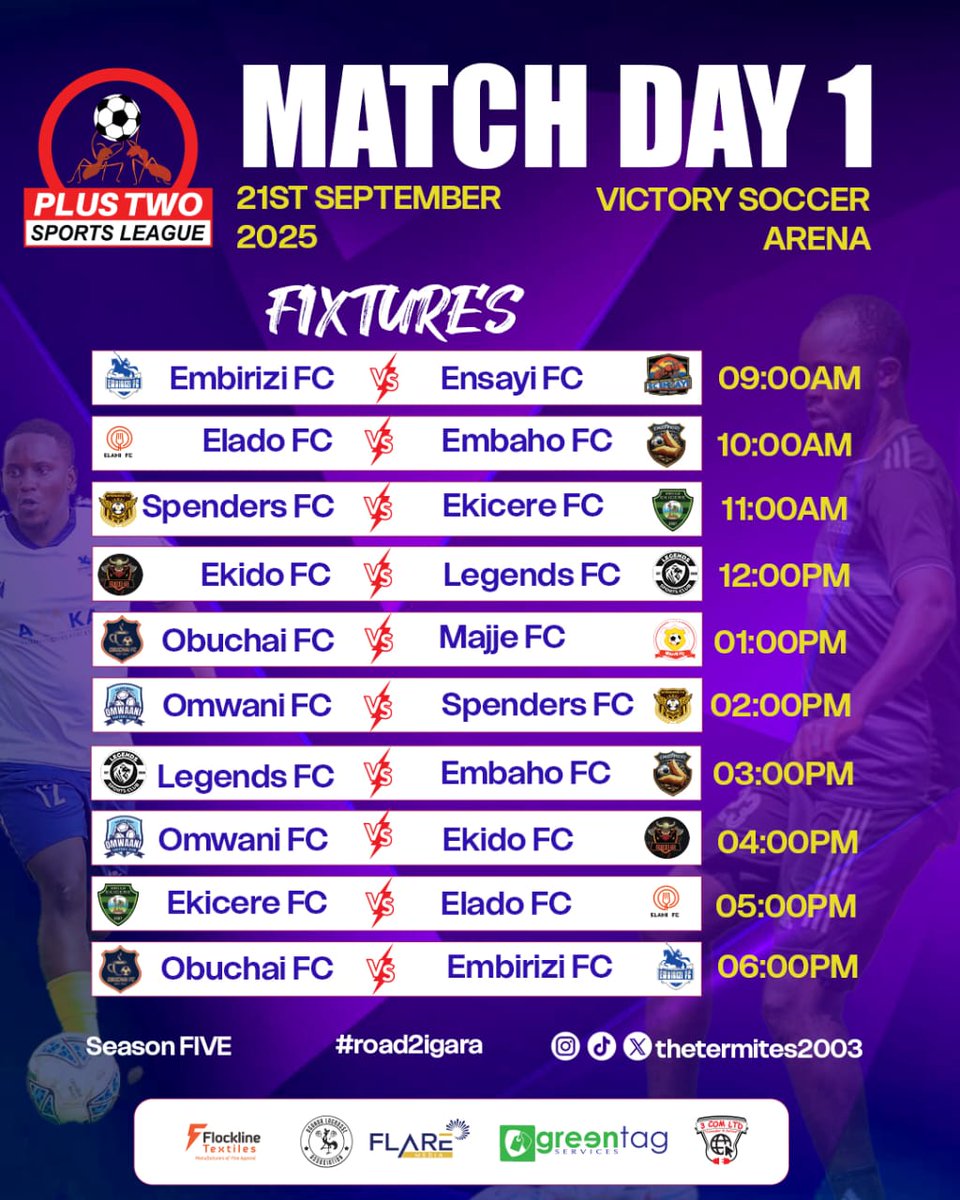 Get ready to kick off the Plus Two Sports League SEASON5

- 🕒 1:00 PM: <a href="/FcObuchai/">𝑶𝒃𝒖𝒄𝒉𝒂𝒊 𝑭𝑪</a> vs <a href="/majjefc/">Majjefc 🇺🇬</a>

- 🕖 6:00 PM: <a href="/FcObuchai/">𝑶𝒃𝒖𝒄𝒉𝒂𝒊 𝑭𝑪</a> vs <a href="/Embirizi_FC/">Spartans Official 🐴</a> 
♤6 points up for grabs!!

Lets TURN UP and Make it a day to remember! 🎉
#ObuchaiFC #Road2igara 
#PlusTwoSportsLeague 
♡Victory Sports arena