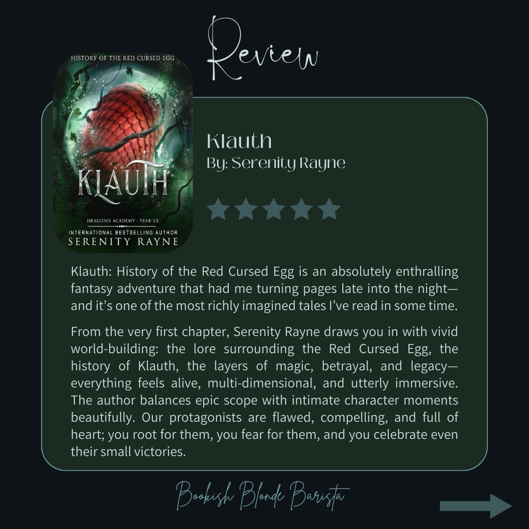 bookishbb's tweet image. Klauth: History of the Red Cursed Egg by Serenity Rayne is fantasy perfection.
Curses, dragons, unforgettable characters, and twists that keep you hooked.
If you’re a fan of immersive world-building &amp;amp; high stakes adventure—this book is for you! 🐉✨ #FantasyBooks