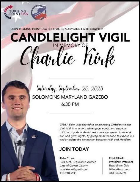 TishaStone2024's tweet photo. Two big events in Calvert County. One tonight in Solomons. Boardwalk Gazebo at 630pm 9/20 Prayer Vigil for Charlie Kirk. The 2nd Annual CCRCC Annual Golf Tournament. We hope you can join us! #ccrcc #southernmaryland #maryland #calvertcounty https://t.co/olfBXwAhJB