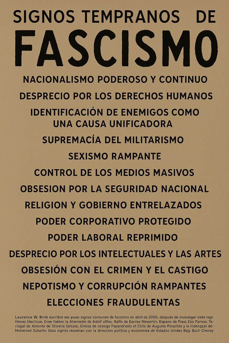 Este póster (en inglés) se encuentra en el Museo Conmemorativo del Holocausto en Washington DC 🇺🇸

“Signos tempranos del fascismo”

Quien tenga ojos que vea
