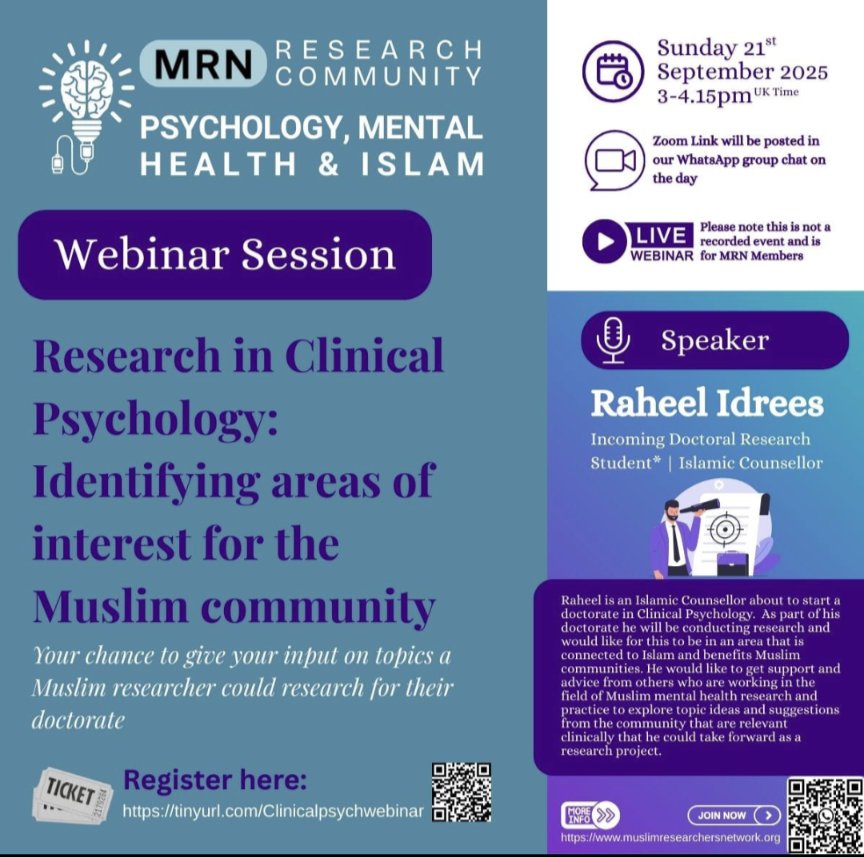 MusResearchersN's tweet image. Assalamualaikum! Join us for an event in research and psychology happening tomorrow on the 21st September!! 
Book your tickets here! tickettailor.com/events/muslimr…