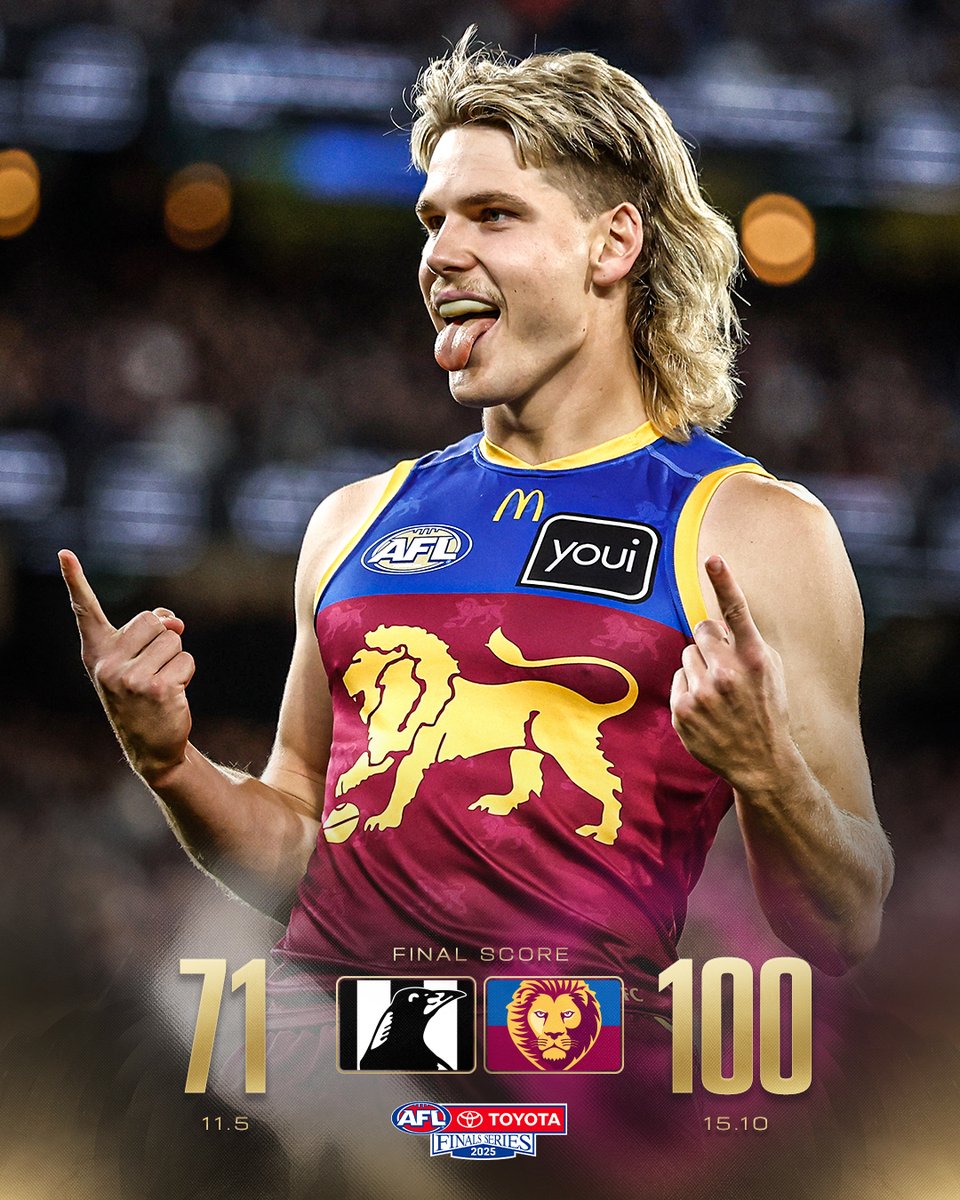 AFL's tweet photo. THE LIONS ARE THROUGH TO THE 2025 TOYOTA AFL GRAND FINAL!!!

#AFLFINALS https://t.co/T6oQhhXM1r