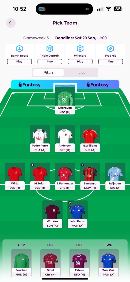 GW5

Rolling so I have 3 FT next week. 

Unsure if I will wildcard as might use the FTs to get in Haaland and use the triple captain on him. And can WC a couple of weeks later. Just going with the flow really 🤷‍♀️

Good luck all 🍀