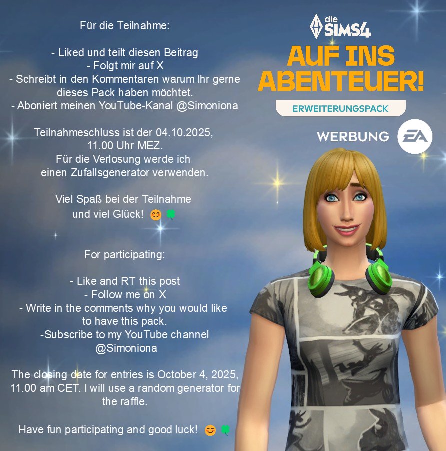 Simoniona1's tweet image. Verlosung/Giveaway

Danke ans #EACreatorNetwork für den Code für das „Auf ins Abenteuer!“ Pack“ (PC/Mac). Teilnahme siehe Bild.

Thanks to EA for a code for the #AdventureAwaits - Pack (PC/Mac). Conditions see picture.

🤩🍀

#EAPartner #Ad #Werbung #Simoniona #Sims4Giveaway