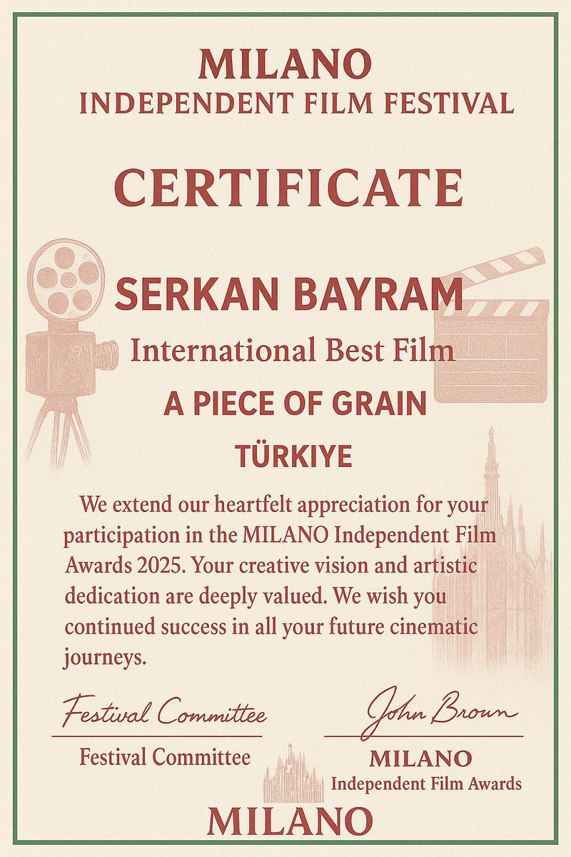 📽️🎬

Milano Independent Film Festival’de “A Piece of Grain / Buğday Tanesi” filmimiz, Uluslararası En İyi Film Ödülüne layık görüldü. 🌾🇹🇷

Sanatın ve sinemanın gücüyle; barışın, umudun ve engelsiz bir dünyanın mümkün olduğunu göstermek için çıktığımız bu yolculukta emeği geçen