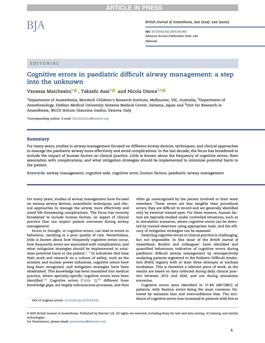 BJAJournals's tweet image. #Cognitive errors in paediatric #airway management increase the risks of complications. Team training and cognitive aids may minimise faulty thought processes and subconscious biases, improving patient #safety.

bjanaesthesia.org/article/S0007-…