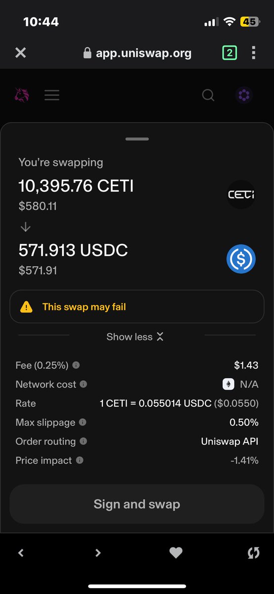 HRHactive's tweet photo. @ConnorOnChain Hi Conner ,I have a big problem trying to sell tao ceti on uniswap I have tried everything and all it says is “this swap may fail” and doesn’t let me continue . I have emailed uniswap for a response but was hoping you could help as I got the coin from you. https://t.co/ct4AqtgPt5