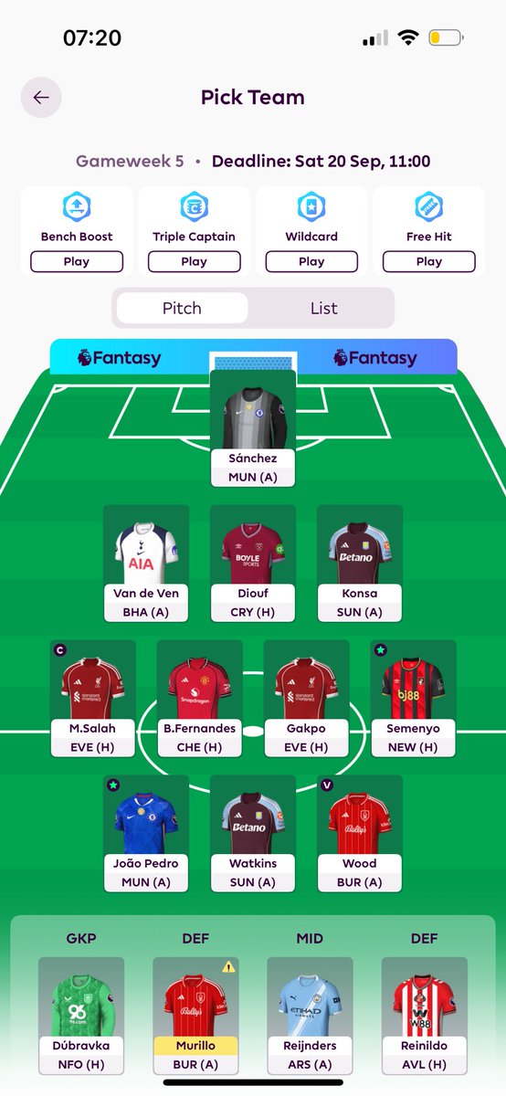 🔐 GW5 team

No transfers

🧢 Salah

🌎 1.3m OR

Likely WC next week 👌 Good luck everyone! #FPL #FPLCommunity