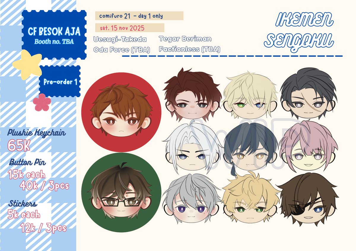 EveeCake's #CF21 PO open!!! 
[❤️+🔄 appreciated]

📌 PO open until 1st October
💌 Mail order and pick up day 1 only!
🔗 forms.gle/Ub4A2m9k8yREms…

Fandom: Bustafellows, Ikemen Sengoku, Persona 5 (Shuake), Originals ^_^

#CF21Catalogue #comifuro21catalogue #comifuro21