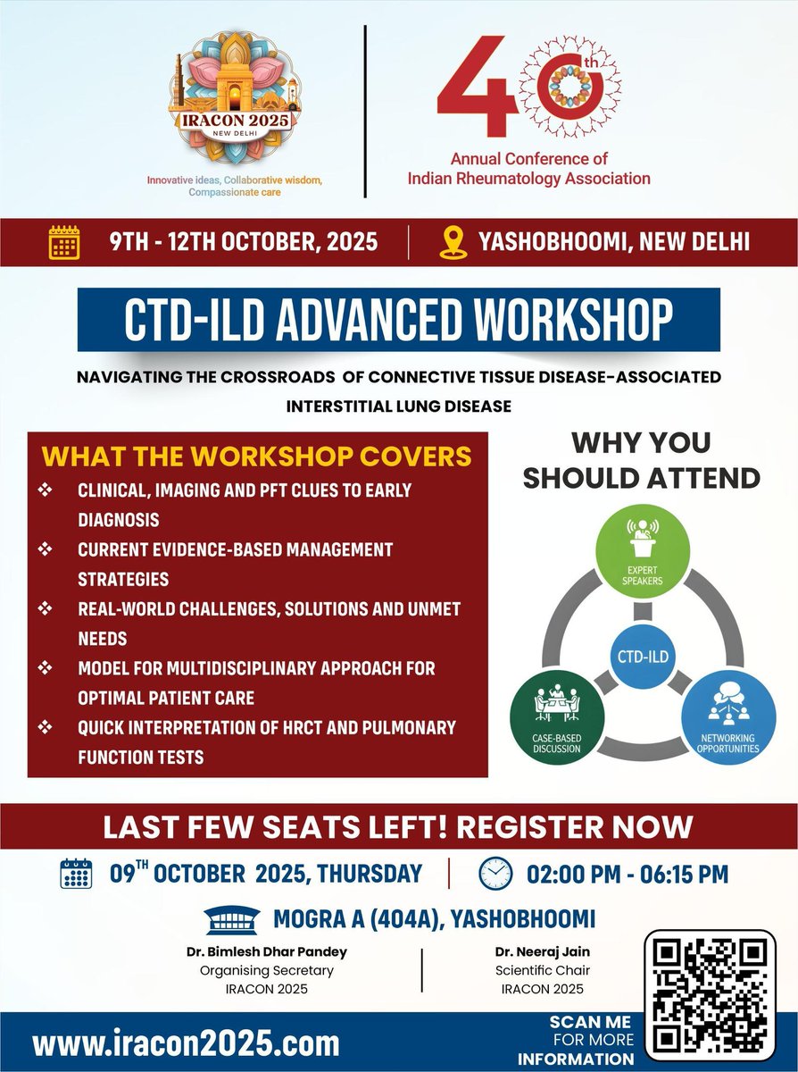 dhaiwat_shukla1's tweet photo. 🚨 Last few seats left! 🚨
Join the CTD-ILD Advanced Workshop @ IRACON 2025
📅 9 Oct | 🕑 2–6:15 PM | 📍 New Delhi
✨ Early Dx clues | 💊 Evidence-based care | 🫁 HRCT & PFT pearls | 🤝 Networking
🔗 https://t.co/5dqxPZJwPl
#IRACON2025 #CTDILD #Rheumatology #Pulmonology
@Iracon2025 @DrNeerajrheumat @12VRavindran @kunalchandwar