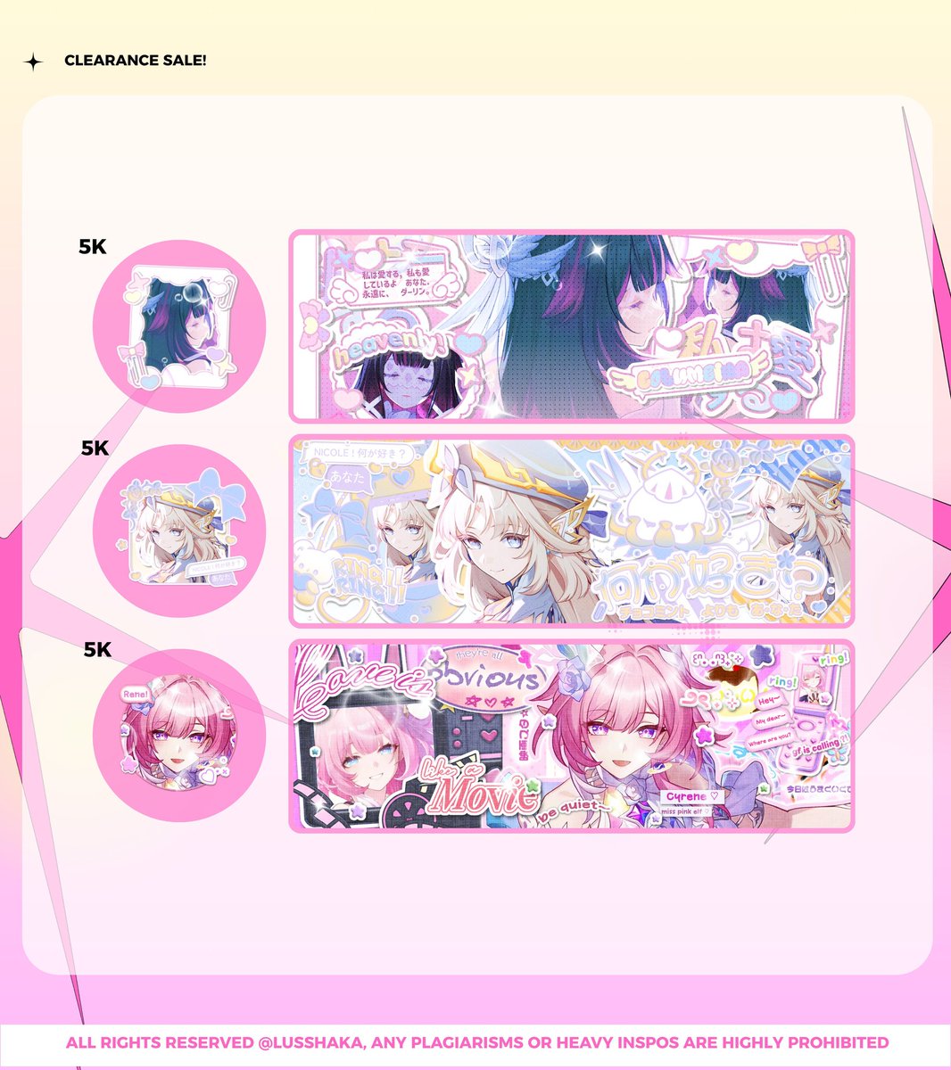 help rt? thank you! 🍀🫶

ALOOO kali ini kita mau CLEARANCE SALE layout nicole, columbina, dan cyrene nih! :3 untuk prici ada di pic yaa 🫶 boleh langsung take via DM kalau berminat 💗 yuk bantu habisin? 😋 thank you!

#zonauang️ #zonajajan