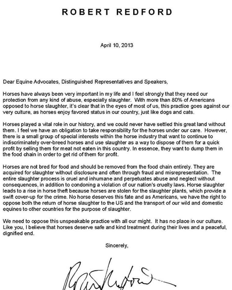 Equine Advocates, longtime friends of TCF, shared this letter today from Robert Redford to Congress. Redford  continued to speak up and honor horses throughout his life, and his legacy will continue:
