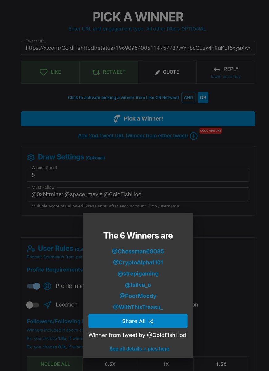 Congratulations to the winners.
GTD:
<a href="/xiangaza33/">XianCAGaza⚡$ZENT</a> 
<a href="/0xHokageRon/">Hokage.ron ⛩️</a> 
Strepigaming is not following me so dq, New winner is <a href="/lunarmajestyron/">lunarmajesty.ron</a> 

FCFS:
<a href="/Chessman68085/">Chessman.RON</a>
<a href="/CryptoAlpha1101/">xcrypton✳️</a>
<a href="/strepigaming/">Strepi $LIZ</a>
<a href="/tsilva_o/">tsilva | Pixelsmania</a>
<a href="/PoorMoody/">MoodyPoor.ron</a>
<a href="/WithThisTreasu_/">Siesta.</a>

COMMENT YOUR RONIN ADDRESS HERE ONCE AGAIN ASAP.