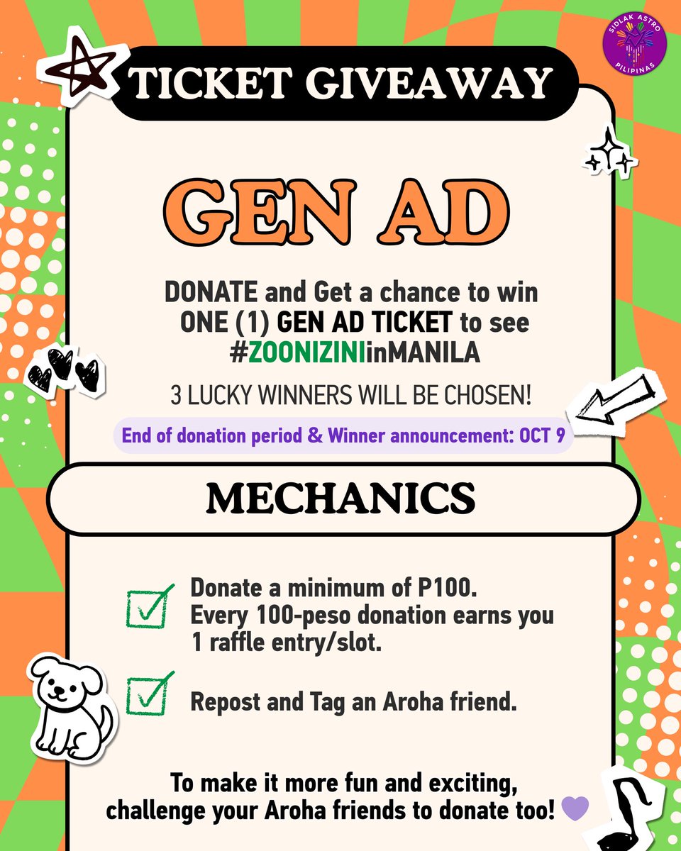sidlakastro_ph's tweet photo. 2025 ZOONIZINI FANPARTY in Manila TICKET GIVEAWAY! 

Link to join: https://t.co/qc84djsnBi

All proceeds will be used as Fan support for #ZOONIZINIinManila

#ZOONIZINI #MJ #JINJIN #ASTRO #AROHA https://t.co/MO5mdDxYdH
