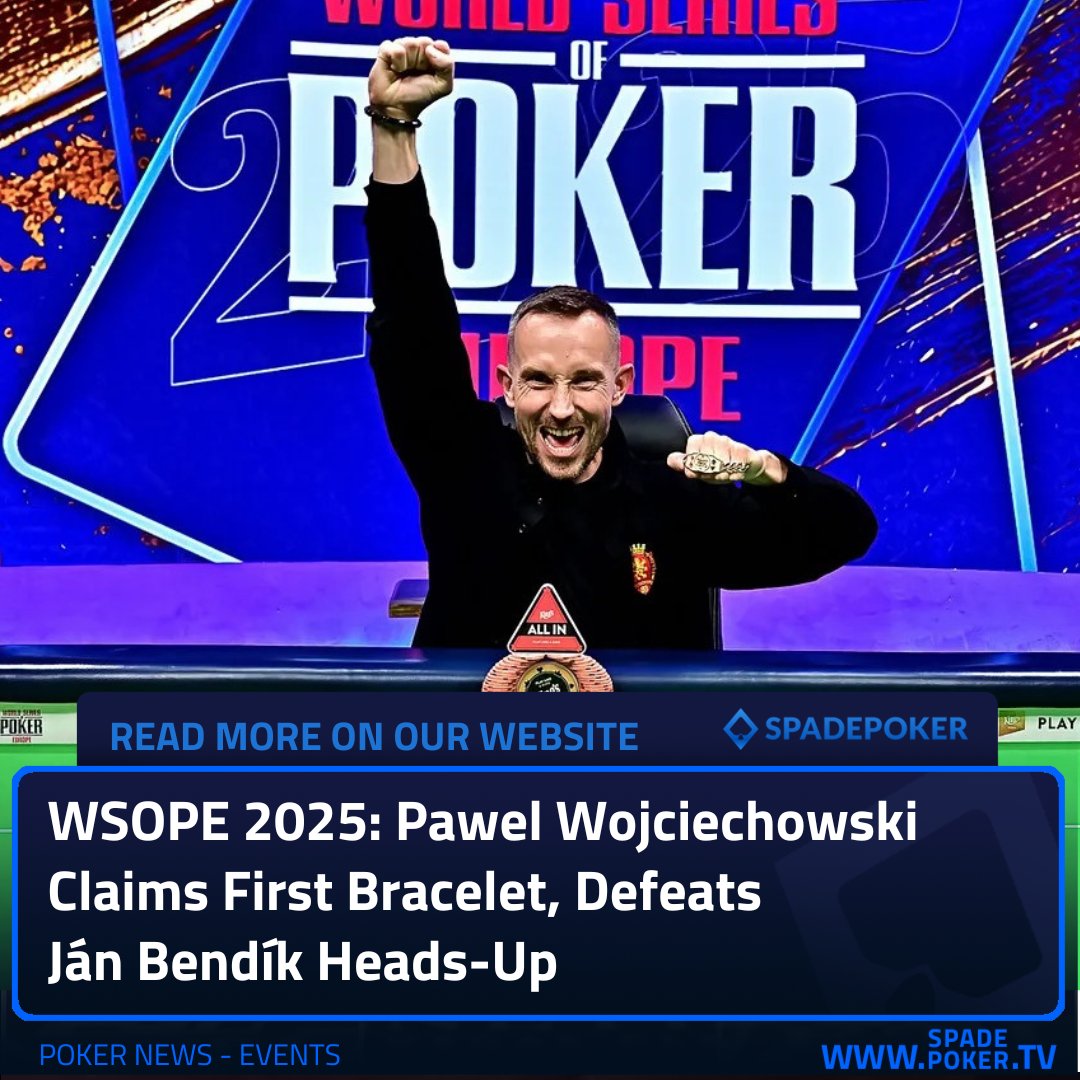 SpadepokerTV's tweet image. WSOPE’s first bracelet goes to 🇵🇱 Pawel Wojciechowski! 🏆
He wins the €1,200 Bounty Hunter Opener for €58,850 + ME seat, defeating EPT champ Ján Bendík HU after a rivered straight. 385 entries, €435K prize pool. 
#WSOPE #Poker #spadepoker

 spadepokertv.com/en/news/wsope-…