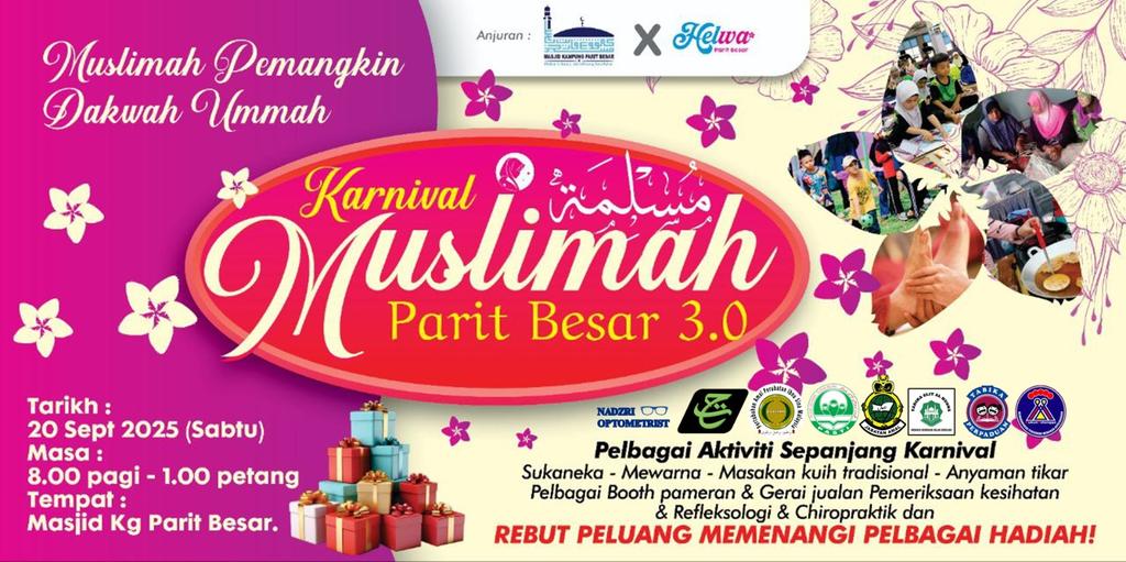 Karnival Muslimah Parit Besar 3.0

20 Sept 2025
Masjid Kampung Parit Besar, Batu Pahat, Johor

PAPISMA Cawangan Johor telah menyantuni &amp; membuat pemeriksaan kesihatan kpd masy kariah Masjid Parit Besar, BP, Johor.

#PAPISMACawanganJohor2025
#PemeriksaanKesihatanStatik2025