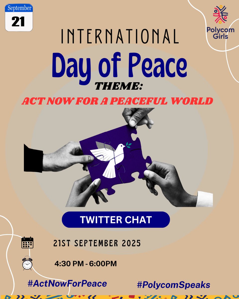 Opula Janet (@opulajanet) on Twitter photo Tomorrow we unite for the International Day of Peace. Peace cannot exist without justice,and silence in the face of violence is NOT peace. Join the conversation from 4:30 PM,letโs claim the peaceful world we deserve.
#ActNowForPeace #Gpende
#PolycomSpeaks
<a href="/polycomdev/">Polycom Girls ๐๐๐</a> Tomorrow we unite for the International Day of Peace. Peace cannot exist without justice,and silence in the face of violence is NOT peace. Join the conversation from 4:30 PM,letโs claim the peaceful world we deserve.
#ActNowForPeace #Gpende
#PolycomSpeaks
<a href="/polycomdev/">Polycom Girls ๐๐๐</a>