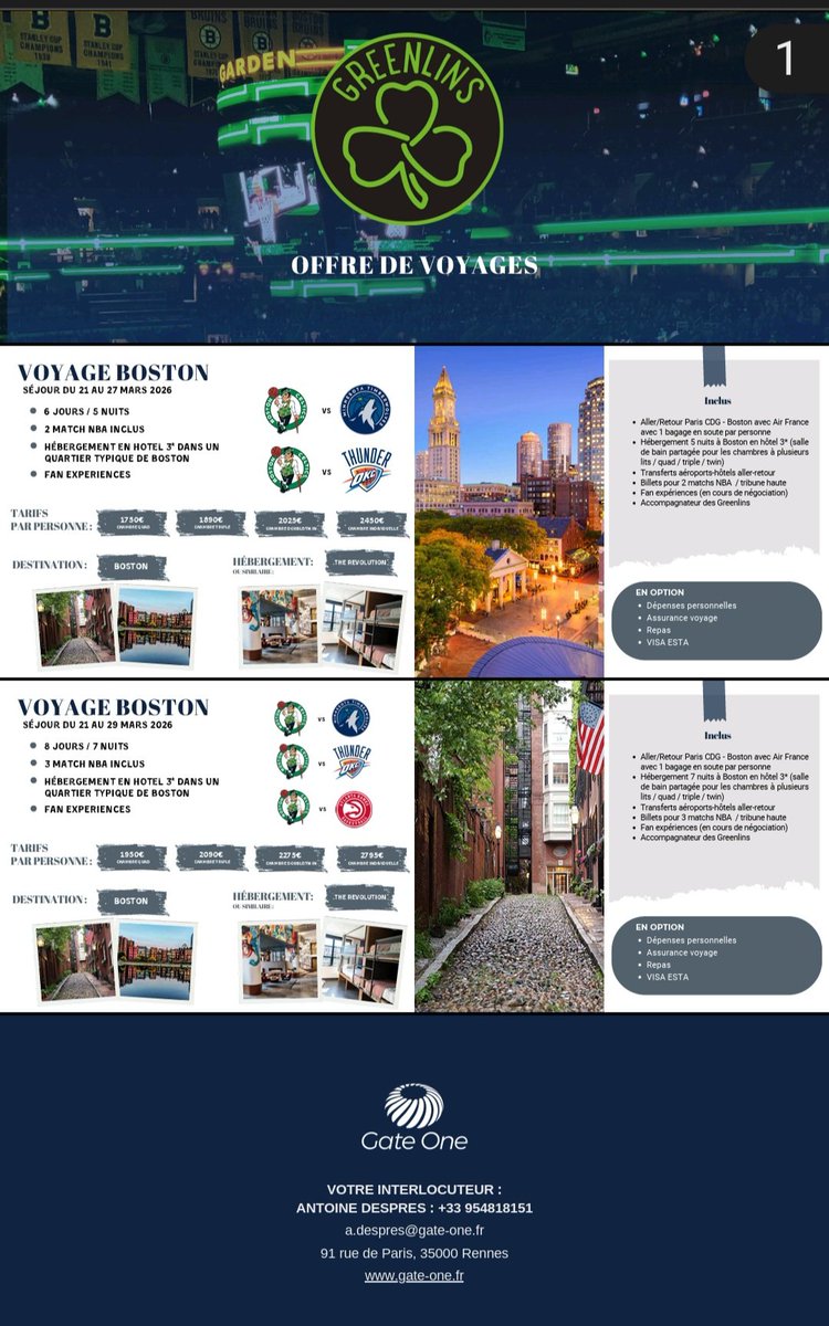 ☘️ GreenTrip'26 ☘️

Du lourd pour cette 4e édition. Du jamais vu pour nous au <a href="/tdgarden/">TD Garden</a> 🍿

Programme :
- Wolves
- Thunder 🏆
- Hawks (option)

Date :
Du 21 au 29 mars 2026

Prix :
A partir de 1750€

Il vous reste 15 jours pour vous inscrire ☘️