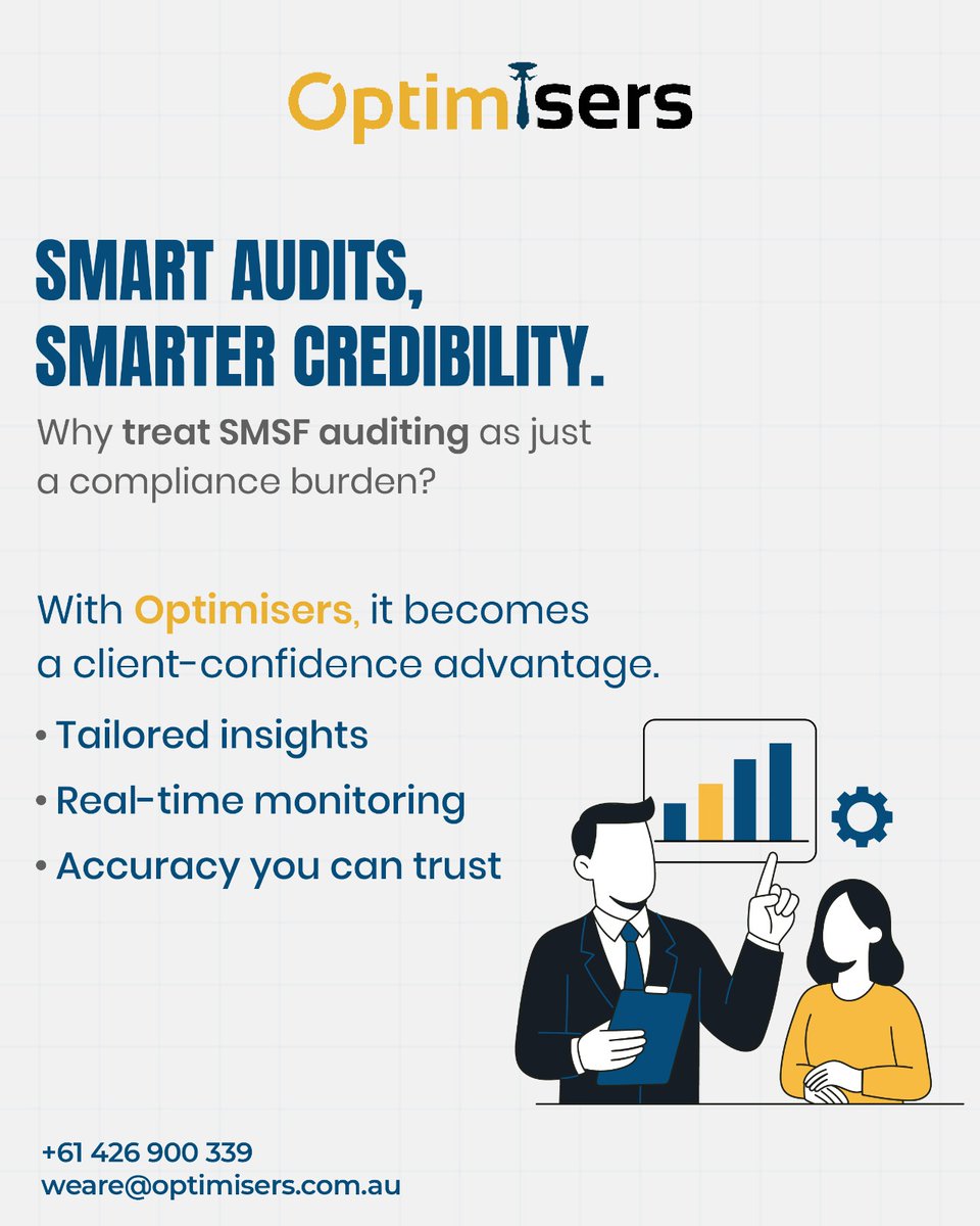 optimisers_KPO's tweet image. Smart audits = smarter credibility. 📊
With Optimisers, SMSF auditing isn’t just compliance — it’s a client-confidence advantage. 🚀

📞 +61 426 900 339
🌐 optimisers.com.au

#SMSFAudit #SmartAudits #ClientConfidence #AccuracyMatters #Optimisers #AuditExperts