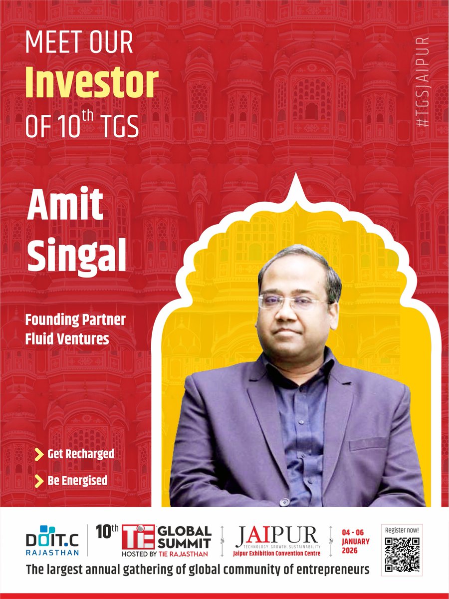 Enter the global arena — amplify visibility, forge partnerships, and fuel your future.

🔗 Register now: tieglobalsummit.org/tgs100

🌟 Investor Spotlight 🌟
We’re excited to welcome Amit Singal, Founding Partner of Fluid Ventures, to the TiE Global Summit in Jaipur.

Amit, the