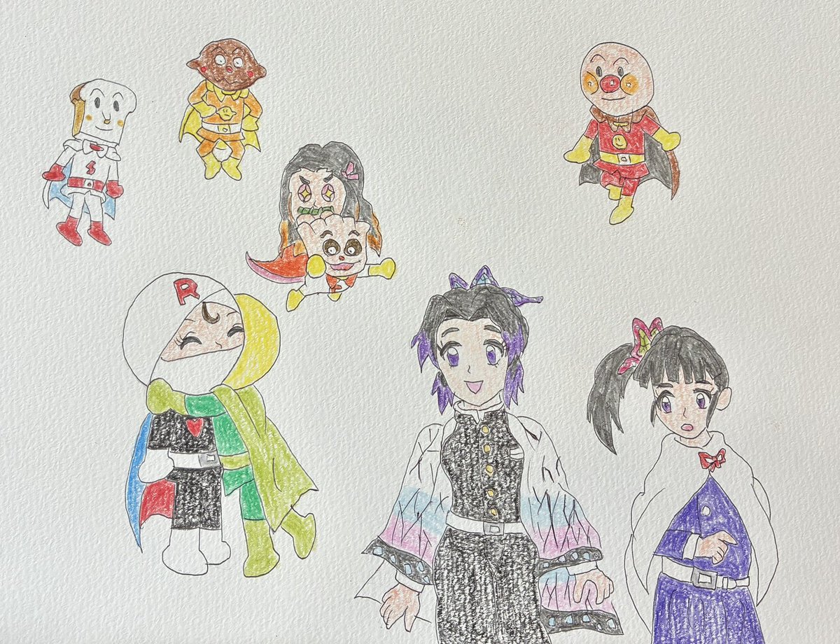 【illustration/それいけ！アンパンマン&amp;鬼滅の刃】

𖧷 ⁺.┈┈┈┈┈┈┈┈┈┈┈┈

　ふたりのパンナと蟲柱の胡蝶しのぶ
　　〜おねえちゃん、大好き〜

　　　┈┈┈┈┈┈┈┈┈┈┈┈┈ 𖧷 ⁺.

#イラスト
#ロールパンナ誕生祭2025
#メロンパンナ誕生祭2025