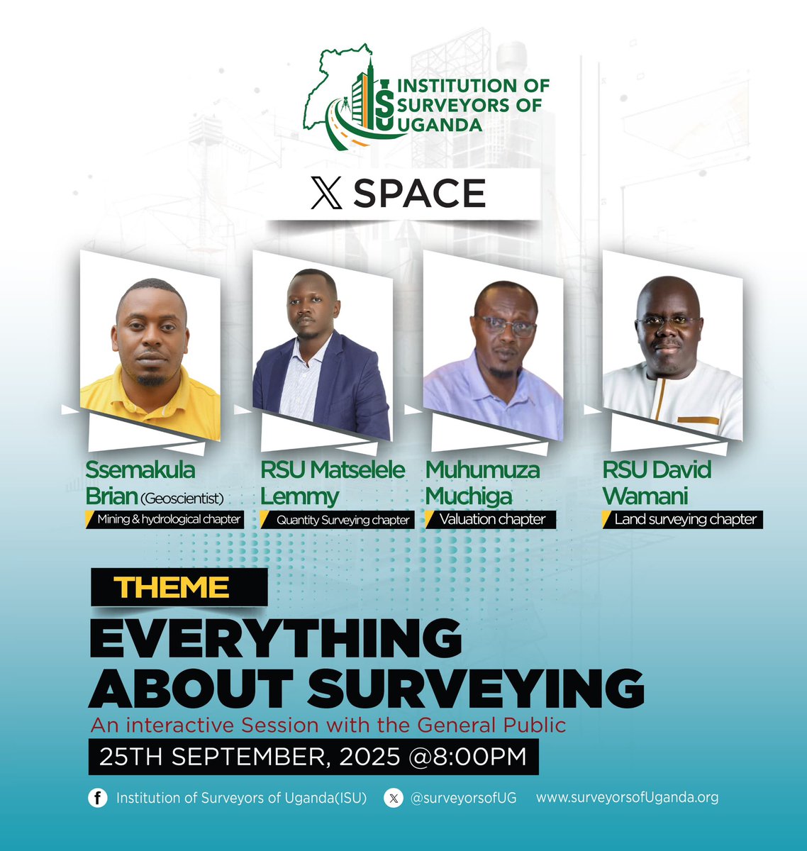 We are excited to announce that we shall have a general public interaction happening on X spaces next week on Thursday 25th/09/2025 

Come and join the discussion online for more exclusive  details about Surveying