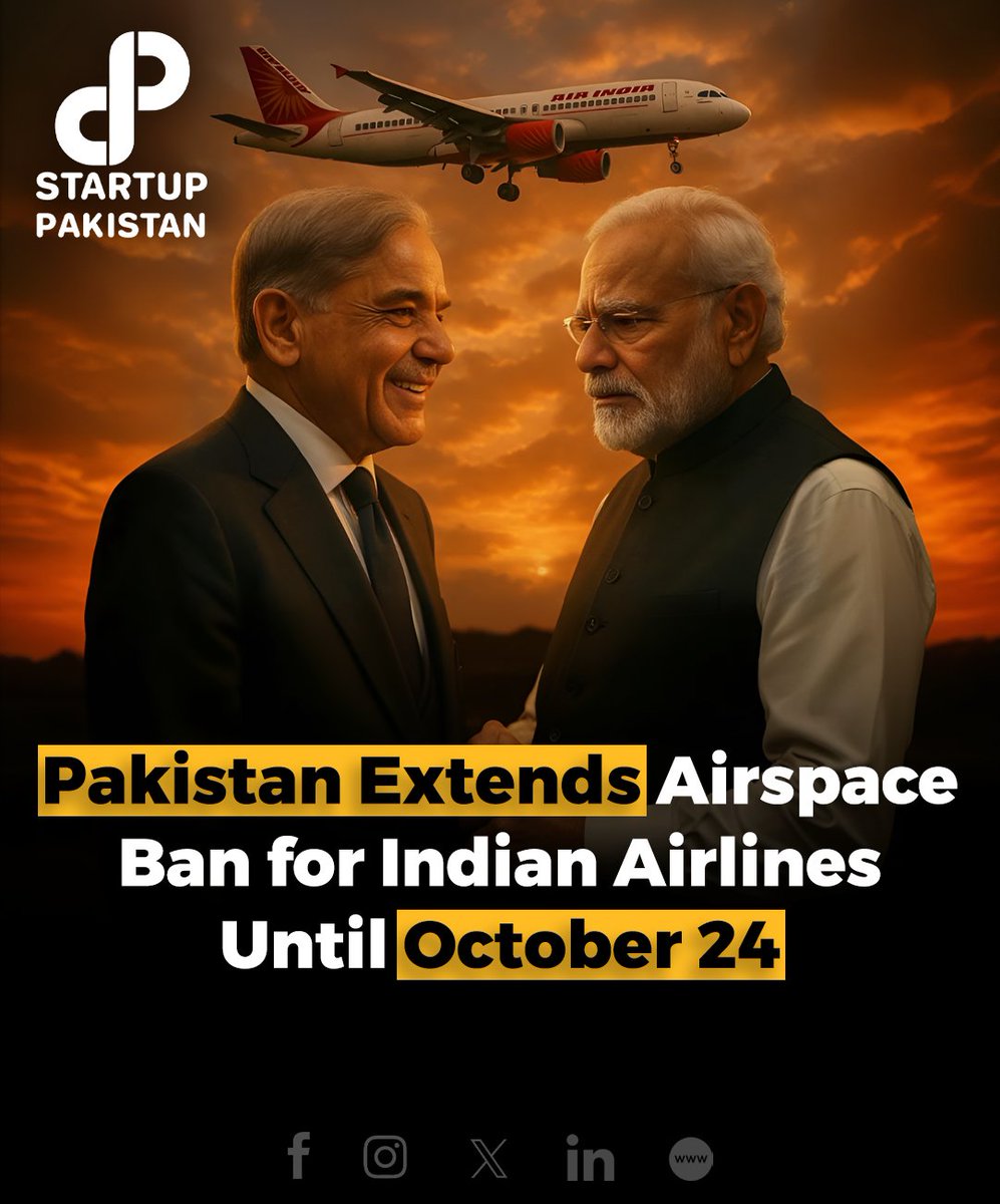 PakStartup's tweet image. Pakistan has extended its airspace restriction for Indian aircraft until October 24, 2025. 

Image is AI generated and just for reference 

#PakistanIndia #AirspaceBan #AviationNews #CAA #IndianAirlines #FlightRoutes