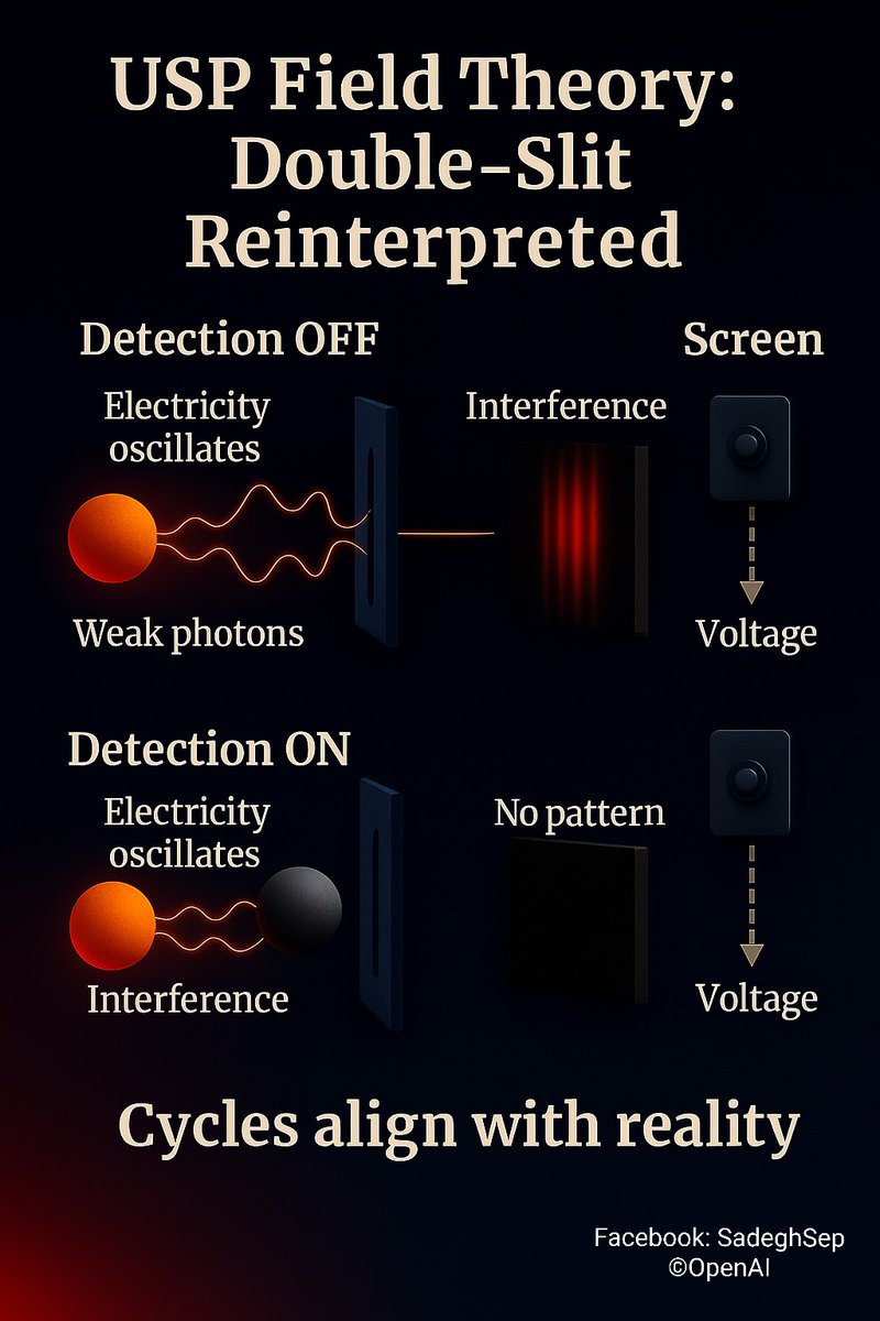 Sadeghsepehri's tweet image. Unveiling a deterministic twist to the double-slit: USP Field Theory shows that voltage signals persist even when interference vanishes. Weak photons + resonance, not particles alone.

🔗 zenodo.org/records/171648…

#USPFieldTheory #DoubleSlit #Quantum #Resonance #PhysicsRevolution