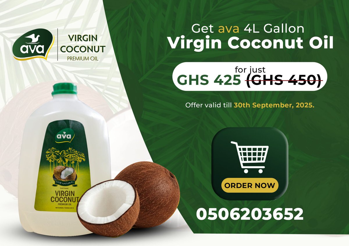 GKVFoods's tweet photo. Big Savings, Pure Goodness! 
Grab your 4L Ava Virgin Coconut Oil at a special promo price of GHS 425 (was GHS 450).
Hurry—offer ends 30th September, 2025! 

 Call/WhatsApp: 0506203652 to order now.

#AvaCoconutOil #PureAndNatural #HealthyLiving #PromoDeal https://t.co/h9wmvOvtts