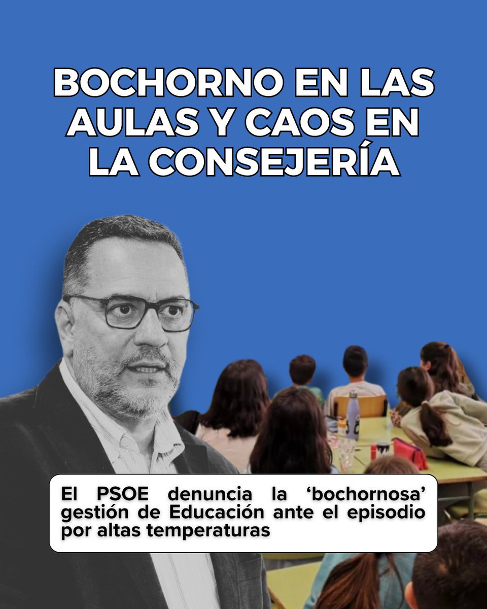🥵 BOCHORNO EN LAS AULAS Y CAOS EN LA CONSEJERÍA

Aulas a 37 grados, un protocolo que no funciona, disparidad en los centros aún teniendo idénticas condiciones y una Consejería que ni está ni se le espera.

El PSOE denuncia la bochornosa e ineficaz actuación de la Consejería de