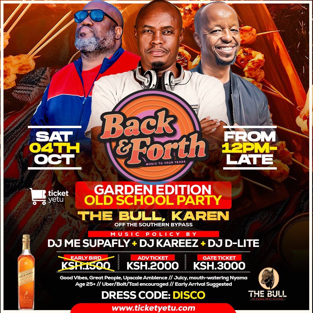 Back &amp; Forth:  Old School Party Garden Edition is going down on Saturday, 4th Oct at The Bull, Karen from 12PM till late! 🌞🌙

Dress code: Disco
Vibes: DJ Me Supafly, DJ Kareez &amp; DJ D-Lite 

Tickets at ticketyetu.com 
#BackAndForthParty #OldSchoolGroove #TheBullKaren