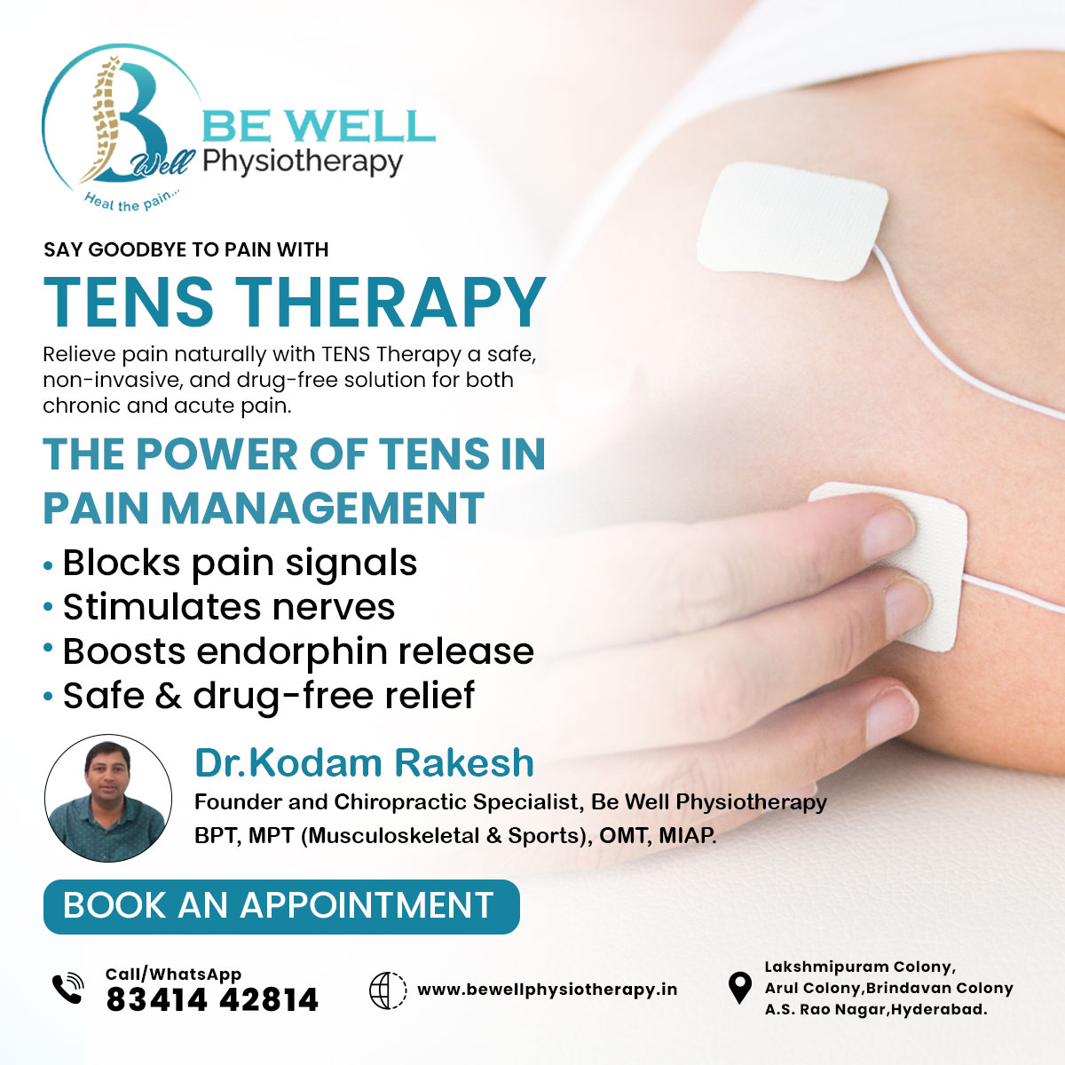 Bewellphys32751's tweet image. 🌟 Pain Relief Made Simple! 🌟

Struggling with chronic or sudden pain?
Discover TENS Therapy – a gentle, safe, and drug-free solution that helps your body heal naturally.
#TENSEntherapy #PainRelief #DrugFreeHealing #PhysiotherapyCare #ChronicPainRelief #NaturalHealing
