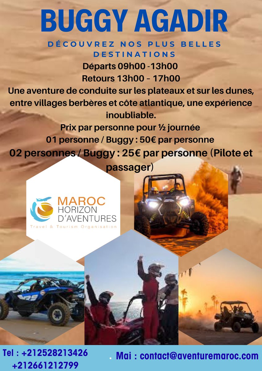 MarocHorizons's tweet photo. 🌟Vivez l'aventure ultime avec Maroc Horizon d'Aventures ! Envoyez-vous des sensations fortes et découvrez le Maroc autrement🚙💨. Partez pour un tour en buggy à travers désert doré, montagnes majestueuses et côtes splendides📲 Contactez-nous pour plus d'infos et disponibilités. https://t.co/bPpdla68vl