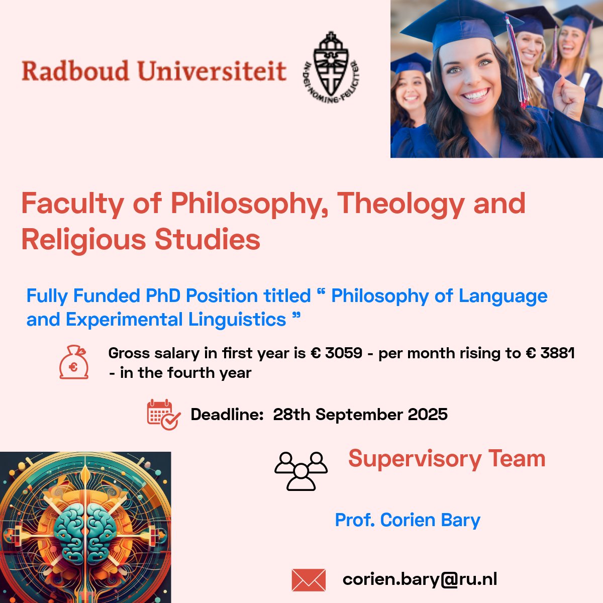 PhdScanner's tweet image. 📢📢Fully funded #phdposition alert. Please ♻ share widely.

💶 𝗚𝗿𝗼𝘀𝘀 𝘀𝗮𝗹𝗮𝗿𝘆 𝗶𝗻 𝗳𝗶𝗿𝘀𝘁 𝘆𝗲𝗮𝗿 𝗶𝘀 € 𝟯𝟬𝟱𝟵- 𝗽𝗲𝗿 𝗺𝗼𝗻𝘁𝗵 𝗿𝗶𝘀𝗶𝗻𝗴 𝘁𝗼 € 𝟯𝟴𝟴𝟭- 𝗶𝗻 𝘁𝗵𝗲 𝗳𝗼𝘂𝗿𝘁𝗵 𝘆𝗲𝗮𝗿 

✅Passionate about #Language #Communication #Linguistics…