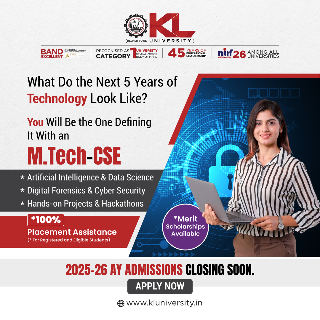 kluniversity's tweet image. Master the future of tech with an M.Tech in CSE from KLU. Specialize in AI, Data Science &amp;amp; Cybersecurity with hands-on research and real-world projects.

kluniversity.in/admissions-202…

#MTechCSE #AI #CyberSecurity #DataScience #KLU #WeAreFutureReady