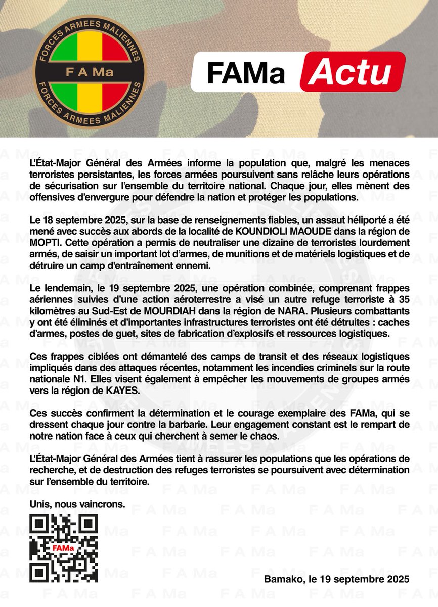 DirpaFa's tweet image. L&apos;État-Major Général des Armées informe la population que, malgré les menaces terroristes persistantes, les forces armées poursuivent sans relâche leurs opérations de sécurisation sur l&apos;ensemble du territoire national. Chaque jour, elles mènent des offensives d&apos;envergure.
