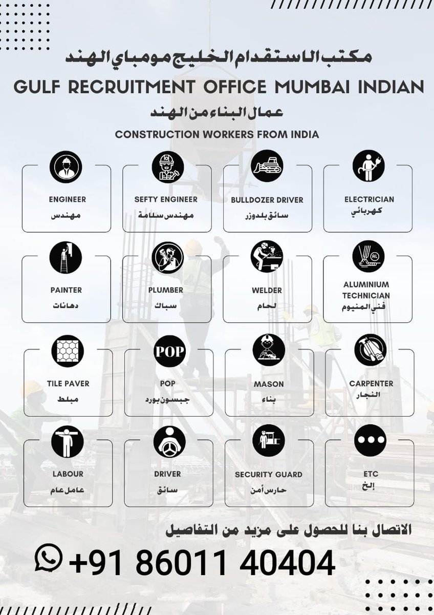 *السلام عليكم ورحمة الله بركاته* 
*(مكتب استقدام الهند* )
خبره اكثر منذ 10 أعوام في تقديم الأيدي العامله الماهرة للمملكة العربية السعودية ودول الخليج 
جميع المهن والتخصصات متوفره مع شهادات معتمده. 
 *عمال خاص للبيت و لشغل خاص* 
 
 *عمال للشركات  -مؤسسات-إستراحه-عامل للمنزل-* 
 *