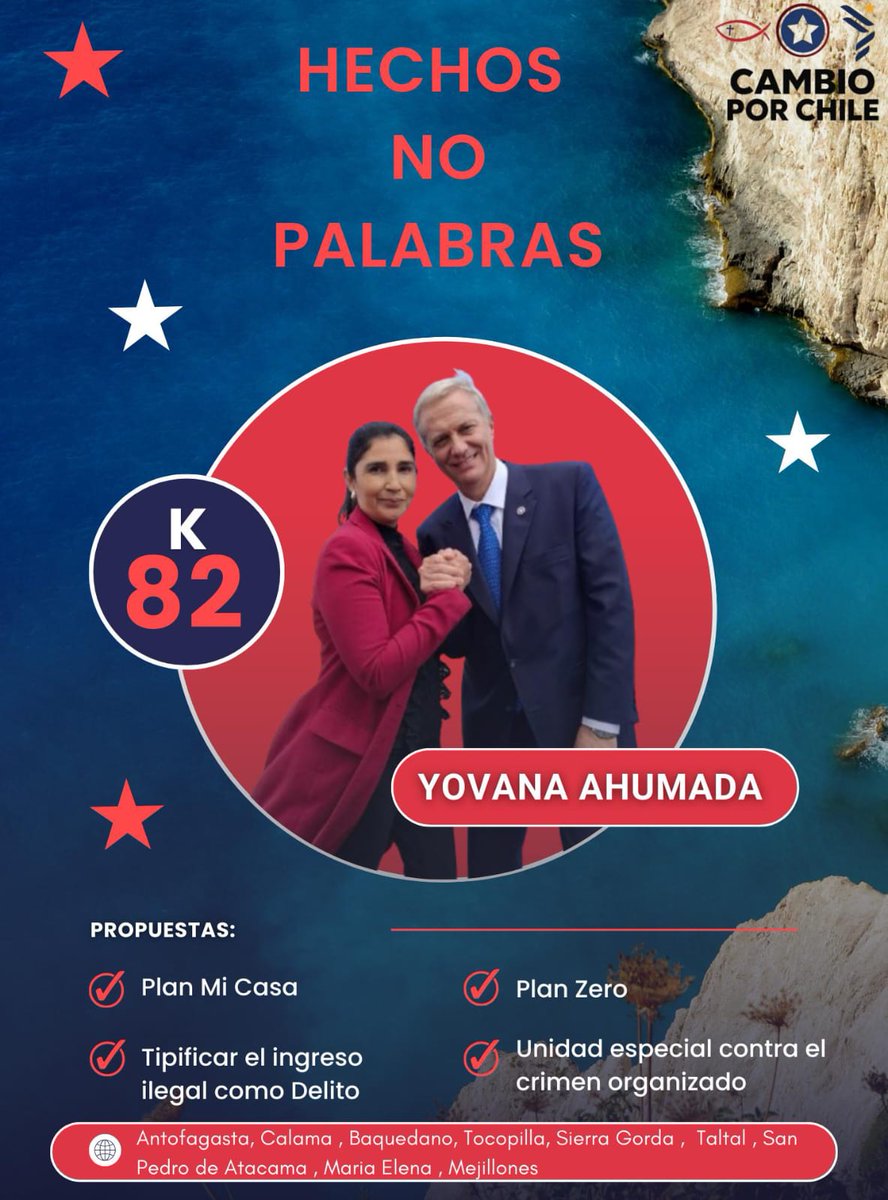 Jaime_Community's tweet image. Vamos a recuperar #chile  y #Antofagasta 
Todos Votemos K82🙏 por la única diputada de la region❗️ la Dama que destapó el caso convenios y fundaciones👍. #kastpresidente #YovanaAhumadaDiputadadeKast 

#FuerzaDelCambio #cambioporChile  #psc #libertario #republicanos #Calama
