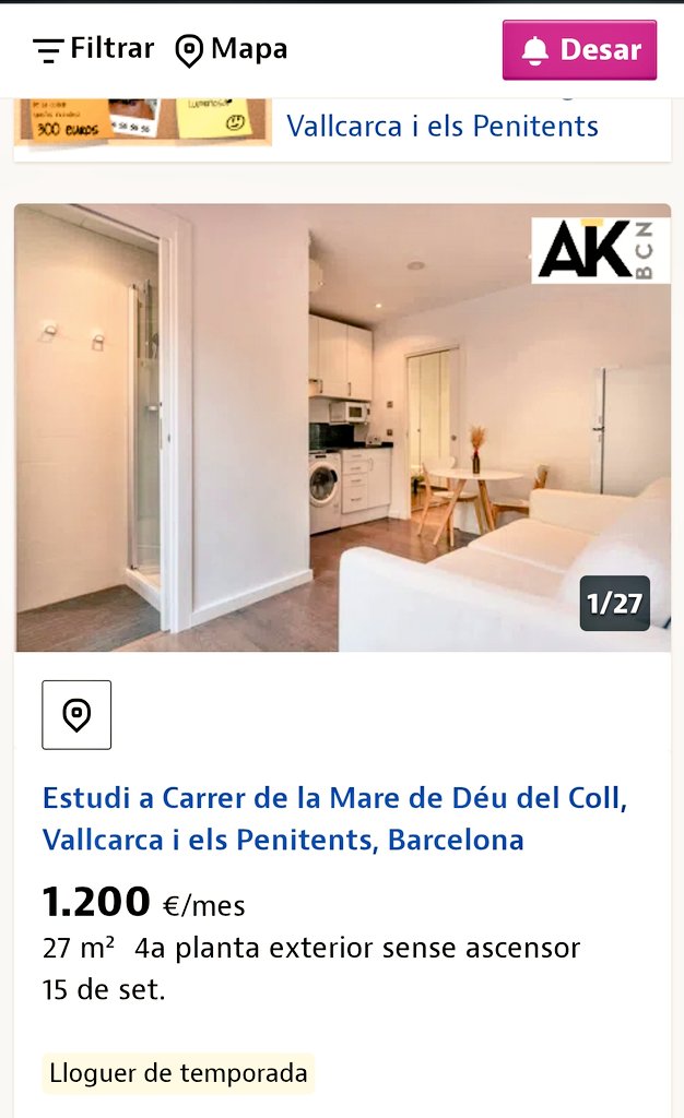 Això és Vallcarca:
23m2 4rt sense ascensor. 1200€ al mes. 
La oferta y la demanda bro...