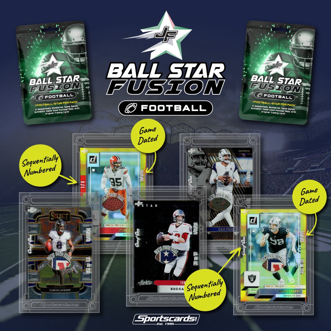 Are you ready to break some Football?

Authentic Game Used Footballs 🏈 
Original Football 🏈 Cards

Game Dated Ball Stars Football available now at @Scheels, <a href="/Whatnot/">Whatnot</a> and Local Card Shops worldwide!

#JerseyFusion
#Football
#TradingCards
#CollectHistory