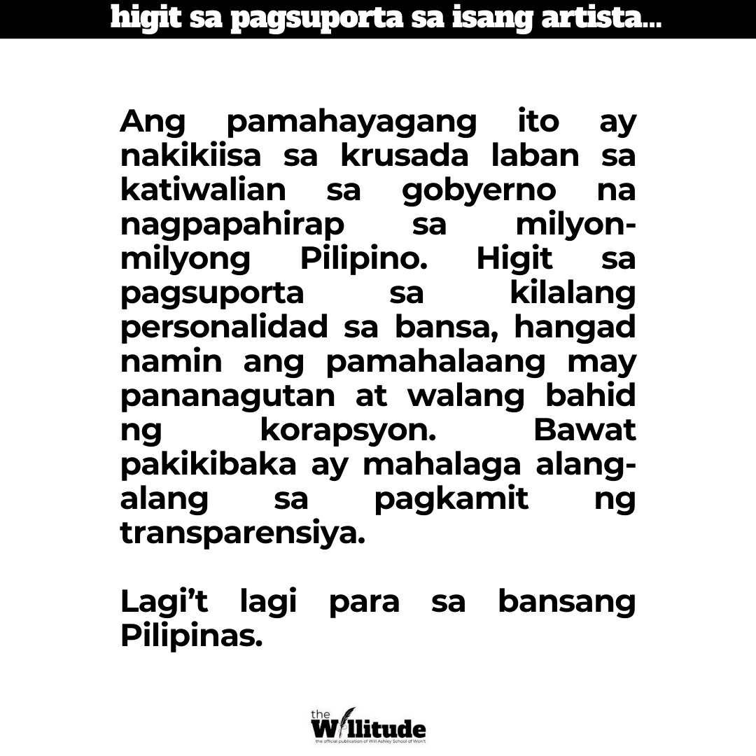 The_Willitude's tweet photo. Higit sa pagsuporta sa kilalang personalidad, kami ay nakikiisa sa malawakang krusada laban sa katiwalian sa gobyerno. Mga kurakot ay dapat managot! 
 
Hindi sapat ang pananahimik; tayo’y manindigan. Bawat pakikibaka ay mahalaga.  

…lagi’t lagi para sa bansang Pilipinas. https://t.co/M7dG71ySFa